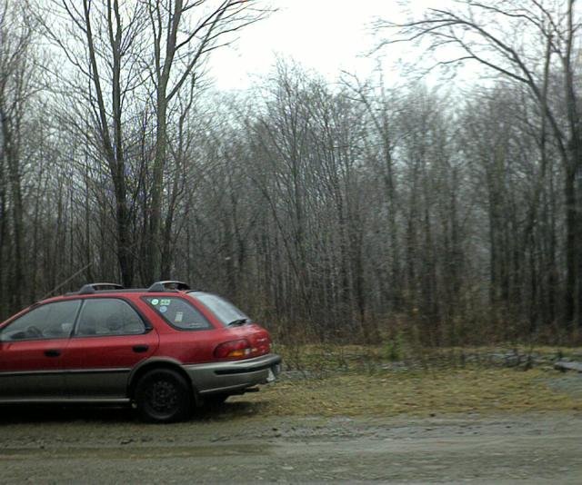 Looking west at my car.  Confluence about 400 feet into the woods.