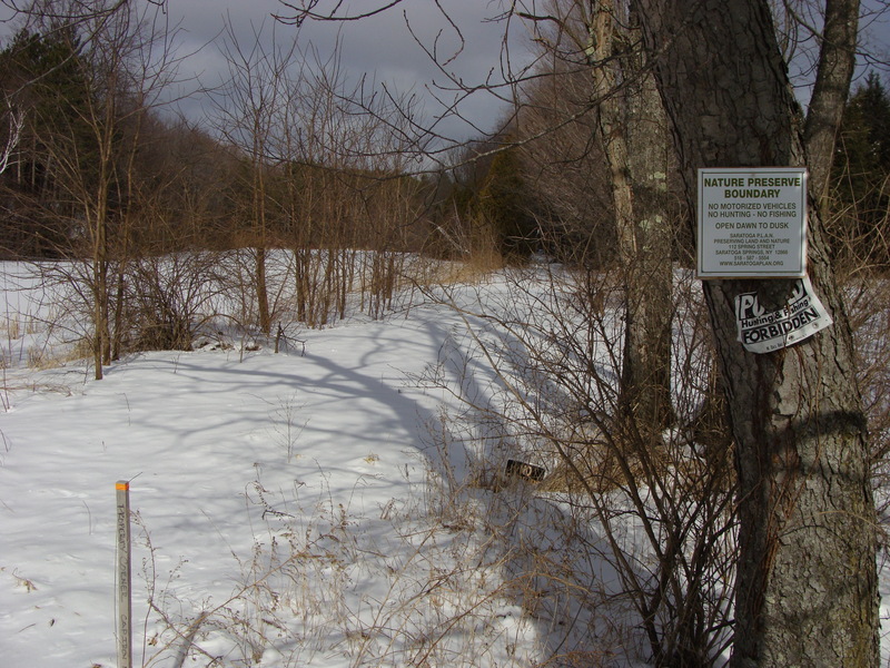 A snowy road runs along the eastern side of the Marshall DesRoches pond at 43N 74W.