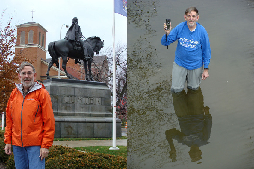 Even the nattily attired confluence hunter, shown here earlier in Monroe MI, needs to keep a pair of boots close by he doesn’t mind getting wet!