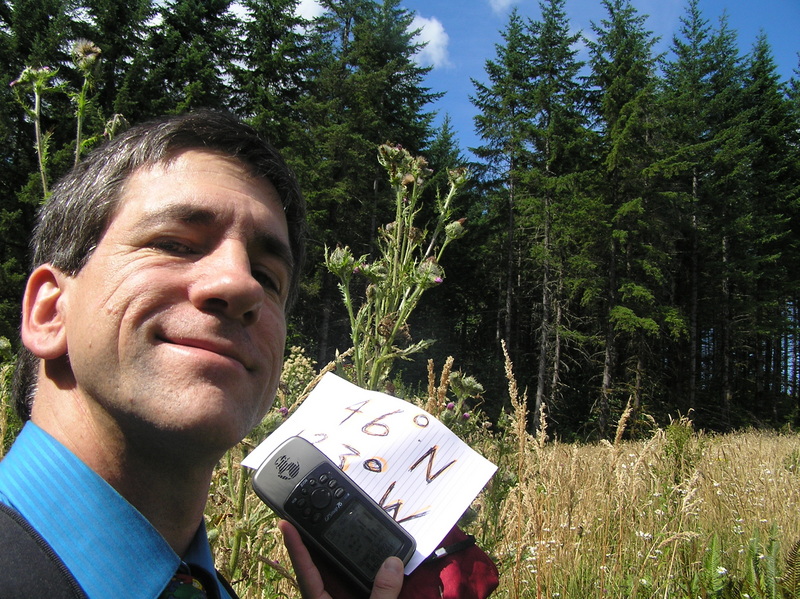 Joseph Kerski at the confluence of 46 North Latitude, 123 West Longitude.