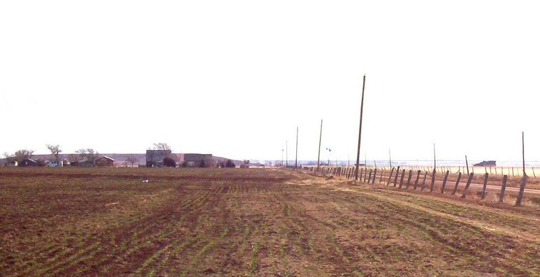 Farm buildings in the view to the east.