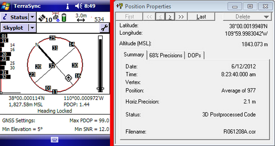 Raw TerraSync data on the left and post processed position on the right.