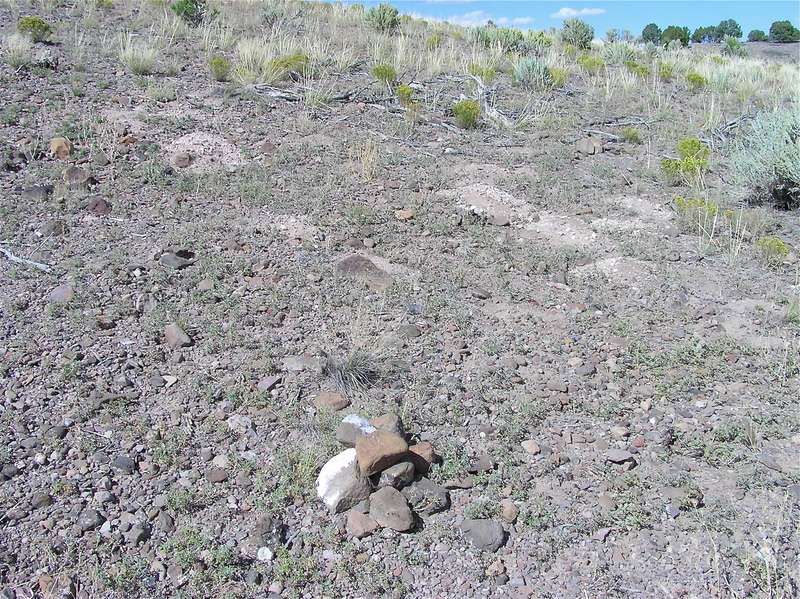 The confluence point lies on a rocky, sparsely-vegetated hillside