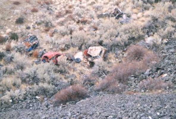 Crumpled cars in the gorge at George, WA.