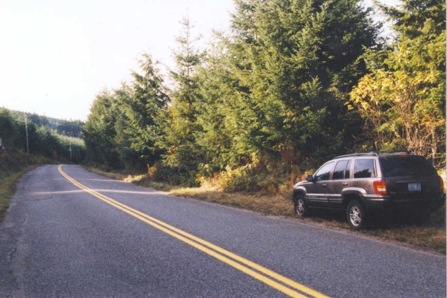 The Jeep of Confluence on FFRR. The confluence is in the thick woods.