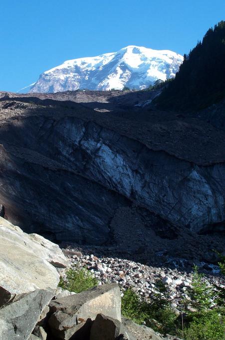 The mountain rises above the top of Carbon Glacier