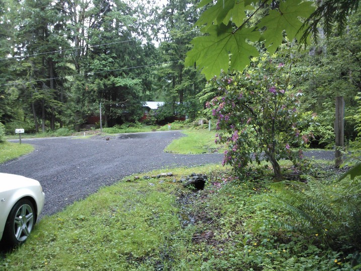 Looking north, you can see the start of the private road at the end, as well as the blocked roadway leading to the confluence on the right.