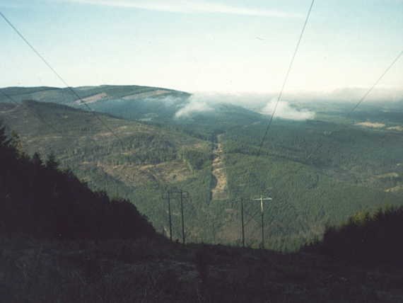 View from top of hill under power lines