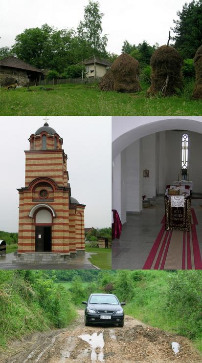 Scenes [typical farmhouse; new Orthodox Church; road conditions towards Jabucje]